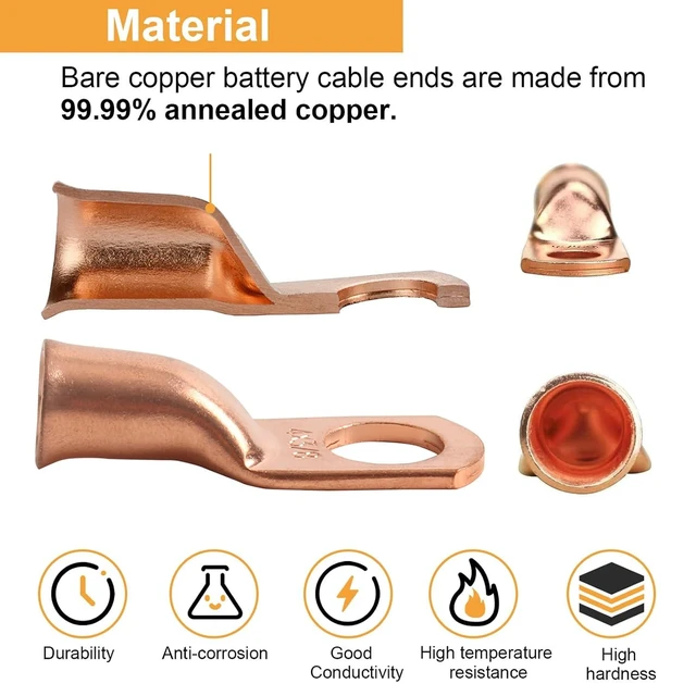 Alt view image 3 of 6 - 2/0 AWG 3/8" Stud (25 pcs.), Heavy Duty Copper Wire Lugs 00 Gauge Ring Terminal 2/0 Copper Wire Lugs Battery Cable Ends