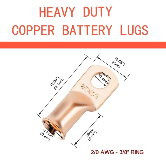 Alt view image 2 of 6 - 2/0 AWG 3/8" Stud (25 pcs.), Heavy Duty Copper Wire Lugs 00 Gauge Ring Terminal 2/0 Copper Wire Lugs Battery Cable Ends