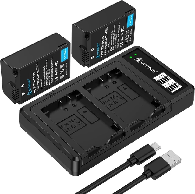 Main image of Artman EN-EL25 EN-EL25A Battery 1600mAh 2-Pack and USB-C LCD Dual Charger Compatible with Z50II, Z50, Z30, ZFC Camera 4241 Battery, MH-32 Charger