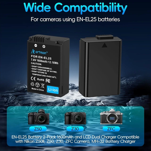 Alt view image 2 of 5 - Artman EN-EL25 EN-EL25A Battery 1600mAh 2-Pack and USB-C LCD Dual Charger Compatible with Z50II, Z50, Z30, ZFC Camera 4241 Battery, MH-32 Charger