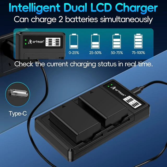 Alt view image 4 of 5 - Artman EN-EL25 EN-EL25A Battery 1600mAh 2-Pack and USB-C LCD Dual Charger Compatible with Z50II, Z50, Z30, ZFC Camera 4241 Battery, MH-32 Charger