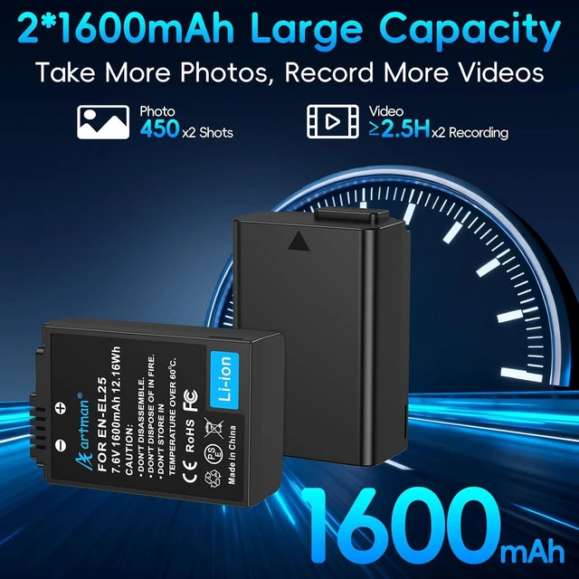 Alt view image 3 of 5 - Artman EN-EL25 EN-EL25A Battery 1600mAh 2-Pack and USB-C LCD Dual Charger Compatible with Z50II, Z50, Z30, ZFC Camera 4241 Battery, MH-32 Charger