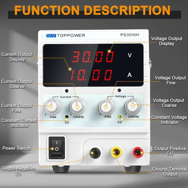 Main image of DC Power Supply Variable,0-30V 0-10A Adjustable Regulated Bench Lab Power with 4-Digit Display,for Repairing Phones,Computers,Test,Battery Charging,Electrolytic Power Supply,DIY, PS3010H