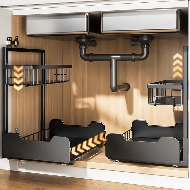 Main image of Under Sink Organizer, 2-Tier L-Shaped Pull Out Cabinet Shelf with 2 Installation Methods, Adjustable Sliding Storage Drawer for Kitchen, Bathroom, Laundry, Metal, Black, 2-Pack