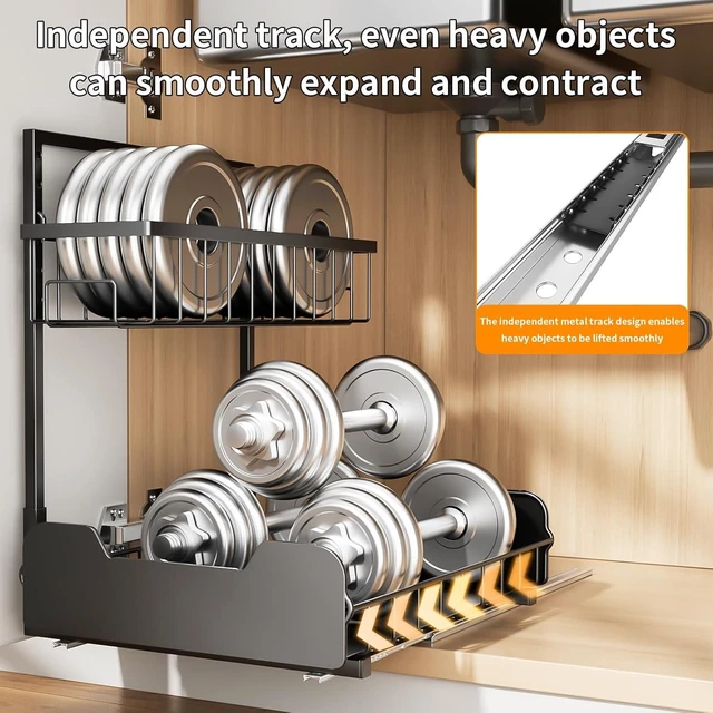 Alt view image 2 of 7 - Under Sink Organizer, 2-Tier L-Shaped Pull Out Cabinet Shelf with 2 Installation Methods, Adjustable Sliding Storage Drawer for Kitchen, Bathroom, Laundry, Metal, Black, 2-Pack
