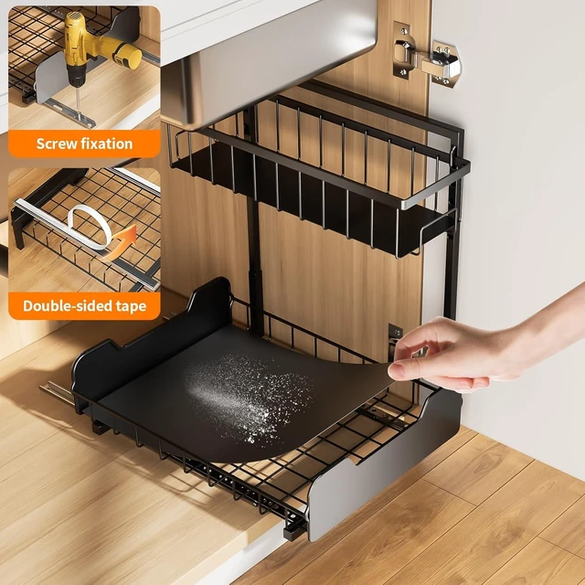 Alt view image 3 of 7 - Under Sink Organizer, 2-Tier L-Shaped Pull Out Cabinet Shelf with 2 Installation Methods, Adjustable Sliding Storage Drawer for Kitchen, Bathroom, Laundry, Metal, Black, 2-Pack