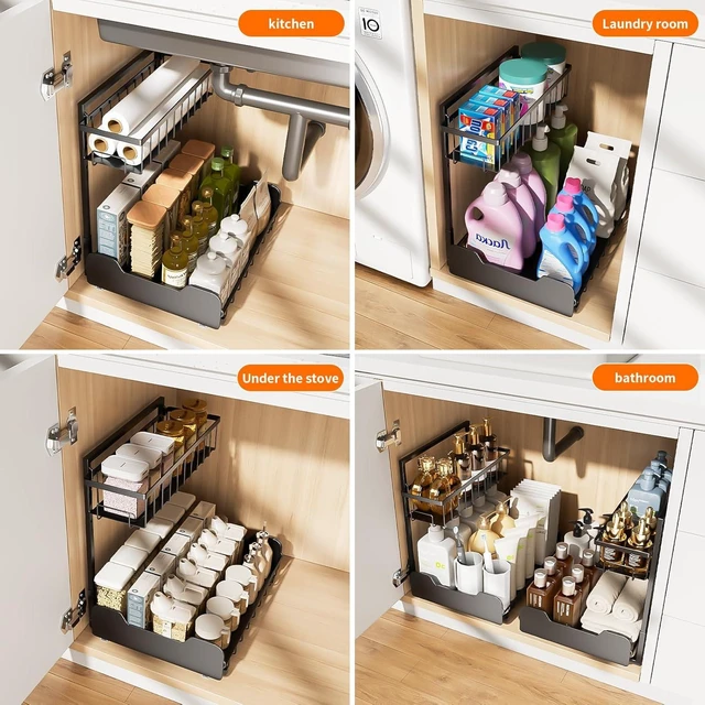 Alt view image 4 of 7 - Under Sink Organizer, 2-Tier L-Shaped Pull Out Cabinet Shelf with 2 Installation Methods, Adjustable Sliding Storage Drawer for Kitchen, Bathroom, Laundry, Metal, Black, 2-Pack