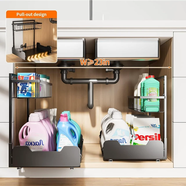 Alt view image 5 of 7 - Under Sink Organizer, 2-Tier L-Shaped Pull Out Cabinet Shelf with 2 Installation Methods, Adjustable Sliding Storage Drawer for Kitchen, Bathroom, Laundry, Metal, Black, 2-Pack