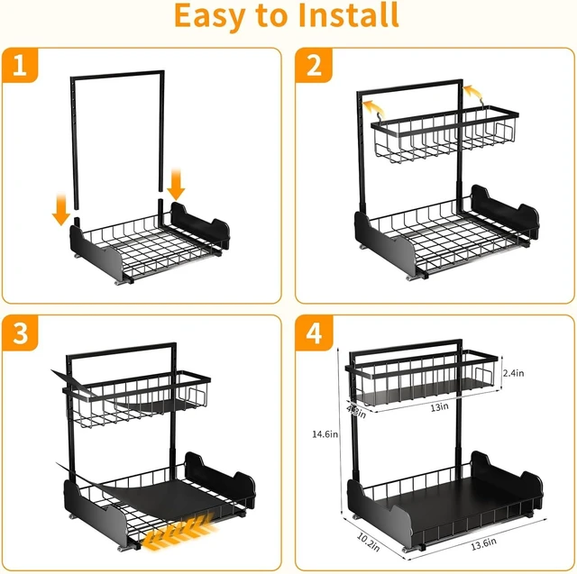 Alt view image 6 of 7 - Under Sink Organizer, 2-Tier L-Shaped Pull Out Cabinet Shelf with 2 Installation Methods, Adjustable Sliding Storage Drawer for Kitchen, Bathroom, Laundry, Metal, Black, 2-Pack