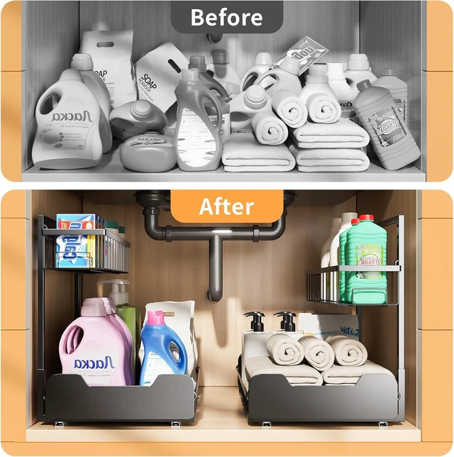 Alt view image 7 of 7 - Under Sink Organizer, 2-Tier L-Shaped Pull Out Cabinet Shelf with 2 Installation Methods, Adjustable Sliding Storage Drawer for Kitchen, Bathroom, Laundry, Metal, Black, 2-Pack
