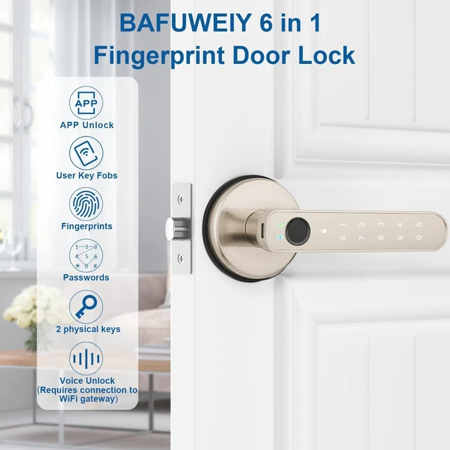 Alt view image 2 of 7 - Fingerprint Door Lock, Fingerprint Door Knob Biometric Door Lock Smart Door Knob with App Control, Keyless Entry with Handle for Home Office Apartment Bedroom Nickel