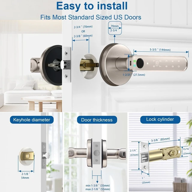 Alt view image 7 of 7 - Fingerprint Door Lock, Fingerprint Door Knob Biometric Door Lock Smart Door Knob with App Control, Keyless Entry with Handle for Home Office Apartment Bedroom Nickel