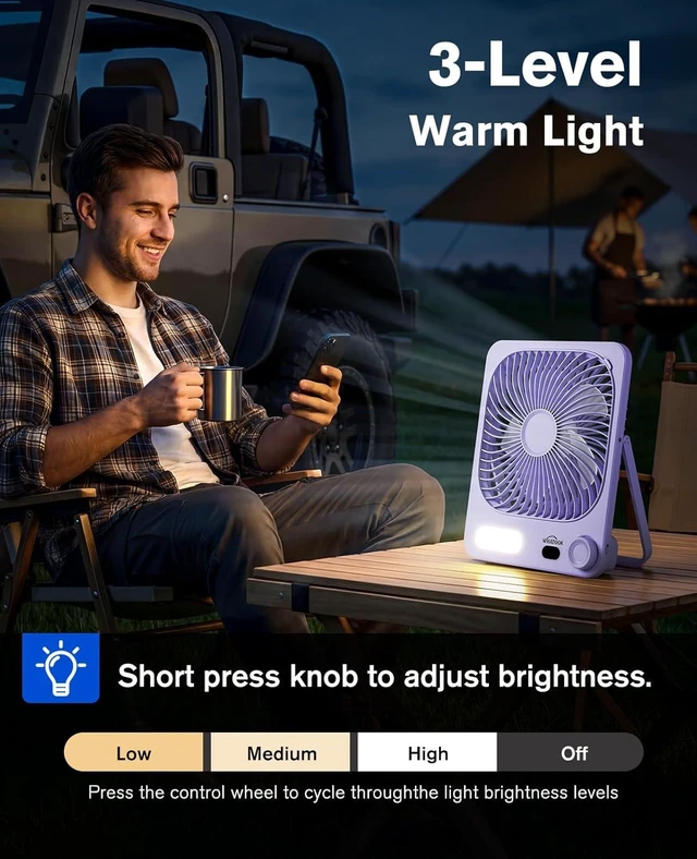 Alt view image 4 of 7 - Large Travel Fan Rechargeable - 10000mAh Battery Operated Portable Fan with 100 Speeds & Night Light, Ultra Quiet Personal Desk Fan for Bedroom, Office, Camping & RV Tent (Purple)