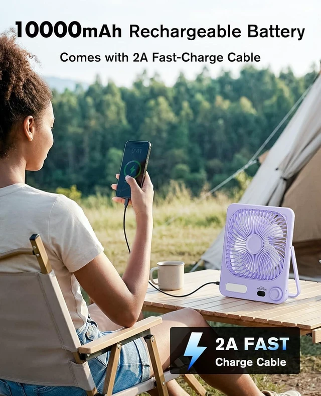 Alt view image 5 of 7 - Large Travel Fan Rechargeable - 10000mAh Battery Operated Portable Fan with 100 Speeds & Night Light, Ultra Quiet Personal Desk Fan for Bedroom, Office, Camping & RV Tent (Purple)
