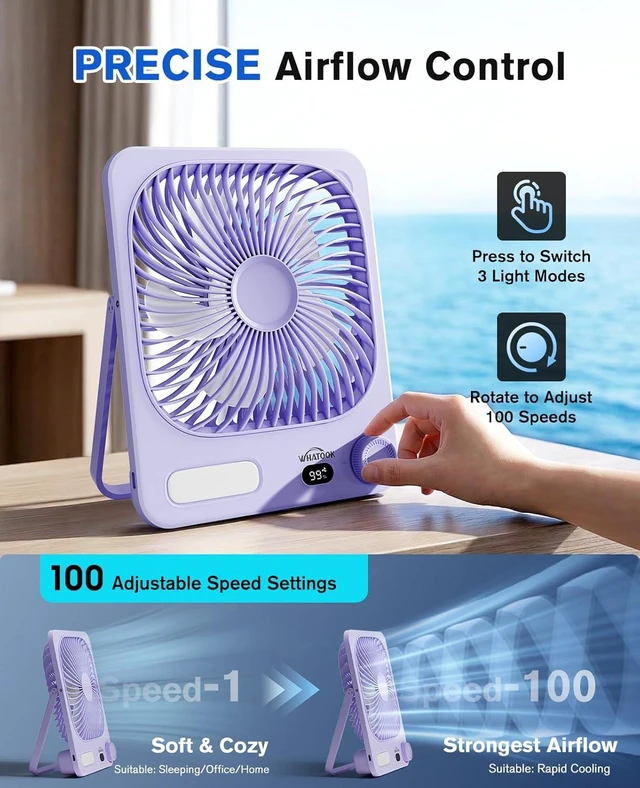 Alt view image 6 of 7 - Large Travel Fan Rechargeable - 10000mAh Battery Operated Portable Fan with 100 Speeds & Night Light, Ultra Quiet Personal Desk Fan for Bedroom, Office, Camping & RV Tent (Purple)