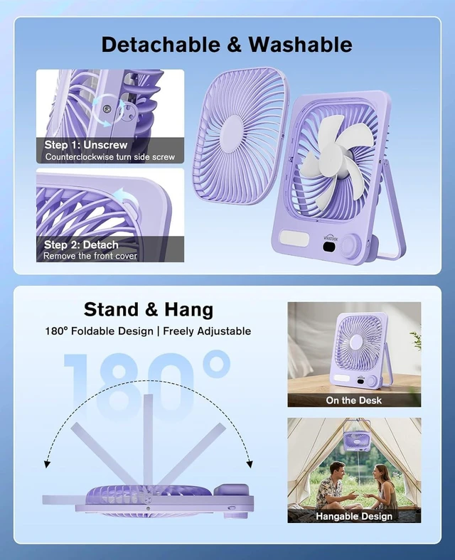 Alt view image 7 of 7 - Large Travel Fan Rechargeable - 10000mAh Battery Operated Portable Fan with 100 Speeds & Night Light, Ultra Quiet Personal Desk Fan for Bedroom, Office, Camping & RV Tent (Purple)