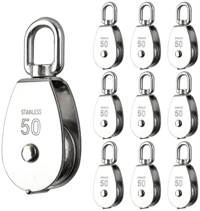 Alt view image 7 of 12 - 10 Pcs M50 Single Pulley Block, with Rotatable 360° Pulley and Rings, 304 Stainless Steel Swivel Pulley Wire Rope Hanging Pulley Wheel, Heavy Duty and Smooth Rope Pulley Block for Rope Lifting
