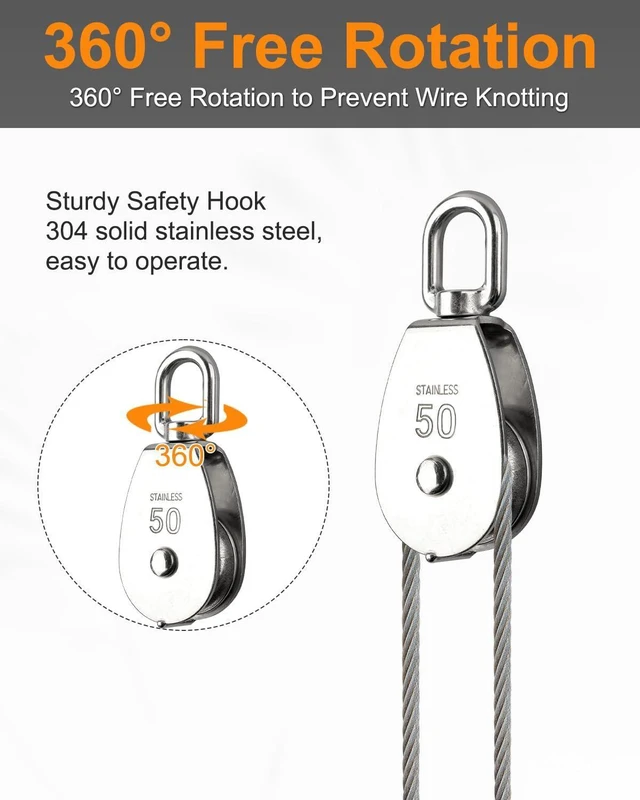 Alt view image 9 of 12 - 10 Pcs M50 Single Pulley Block, with Rotatable 360° Pulley and Rings, 304 Stainless Steel Swivel Pulley Wire Rope Hanging Pulley Wheel, Heavy Duty and Smooth Rope Pulley Block for Rope Lifting