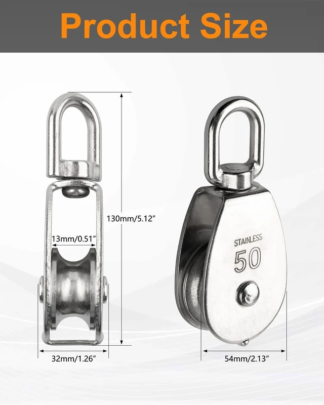 Alt view image 8 of 12 - 10 Pcs M50 Single Pulley Block, with Rotatable 360° Pulley and Rings, 304 Stainless Steel Swivel Pulley Wire Rope Hanging Pulley Wheel, Heavy Duty and Smooth Rope Pulley Block for Rope Lifting