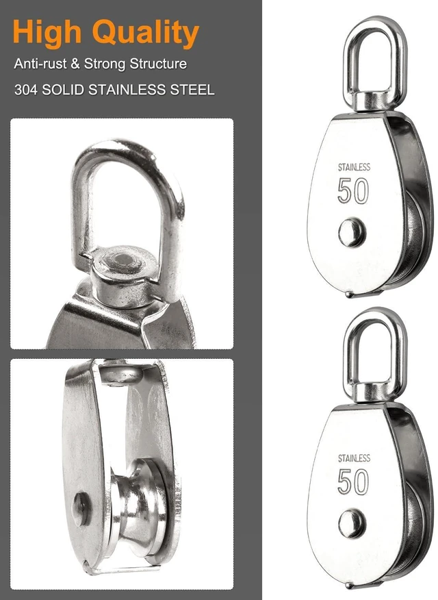 Alt view image 10 of 12 - 10 Pcs M50 Single Pulley Block, with Rotatable 360° Pulley and Rings, 304 Stainless Steel Swivel Pulley Wire Rope Hanging Pulley Wheel, Heavy Duty and Smooth Rope Pulley Block for Rope Lifting