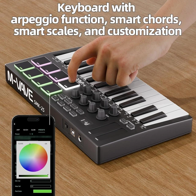 Alt view image 11 of 14 - Midi Keyboard Controller 25 Key Portable Mini Bluetooth & USB Midi Piano with 8 Backlit Drum Pad, 8 Knobs and Music Production Software for Computer Recording, Music Production
