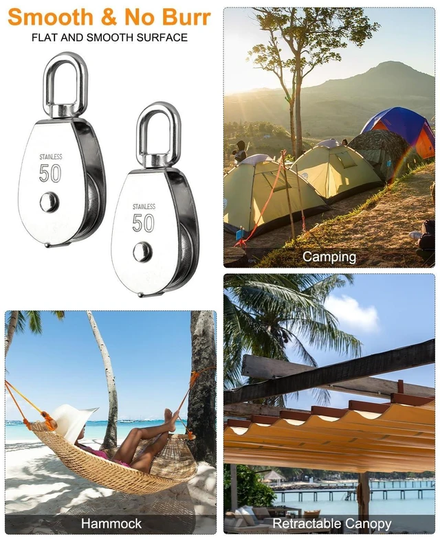 Alt view image 12 of 12 - 10 Pcs M50 Single Pulley Block, with Rotatable 360° Pulley and Rings, 304 Stainless Steel Swivel Pulley Wire Rope Hanging Pulley Wheel, Heavy Duty and Smooth Rope Pulley Block for Rope Lifting