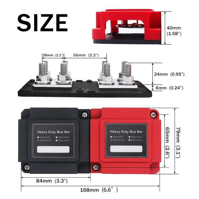 Alt view image 9 of 14 - 400A Power Distribution Block Bus Bar Pair with Cover Marine Bus Bar, Automotive, and Solar Wiring 8x3/8 M10 Studs Heavy Duty Power