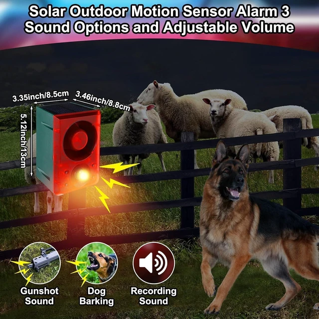 Alt view image 10 of 14 - 4 Pcs Solar Outdoor Motion Sensor Alarm with Stake Gunshot Sound Dog Barking, 3 Modes Support Recording and Adjustable Volume USB Charging 129 dB Loud Noise Maker for Animal Deterrent