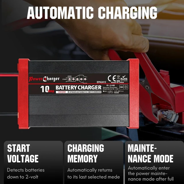 Alt view image 12 of 14 - 10-Amp Smart Car Battery Charger, 12V/24V Automotive Battery Maintainer Tender trickle Charger for Car Motorcycle Boat Lawn Mower 30-200Ah SLA AGM Gel Wet Lead Acid deep Cycle Batteries
