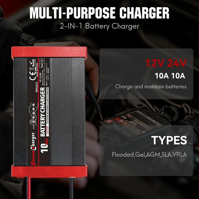 Alt view image 10 of 14 - 10-Amp Smart Car Battery Charger, 12V/24V Automotive Battery Maintainer Tender trickle Charger for Car Motorcycle Boat Lawn Mower 30-200Ah SLA AGM Gel Wet Lead Acid deep Cycle Batteries