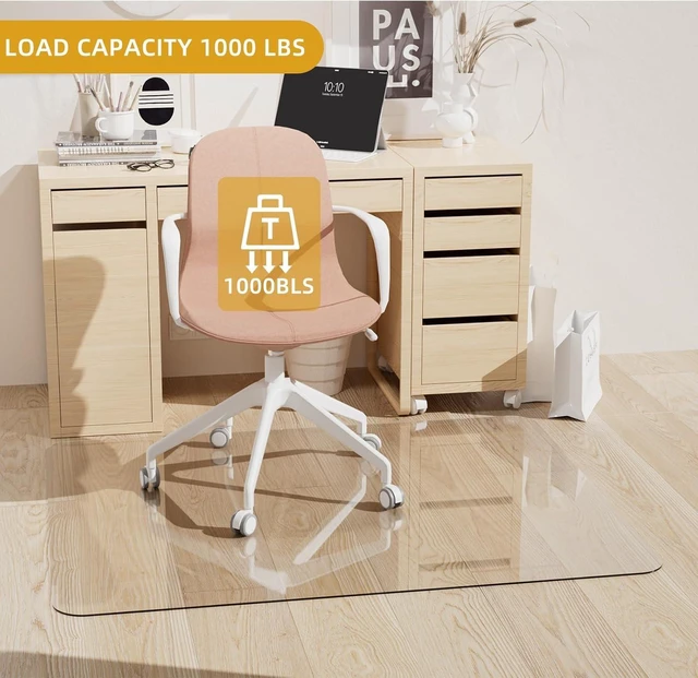 Alt view image 10 of 14 - Tempered Glass Chair Mat 48" x 32",1/5" Thick for Office Desk,Rolling Chair Mat for Carpet, Odorless, Easy to Clean with 4 Non-Slip Pads for Carpet & Hardwood Floors