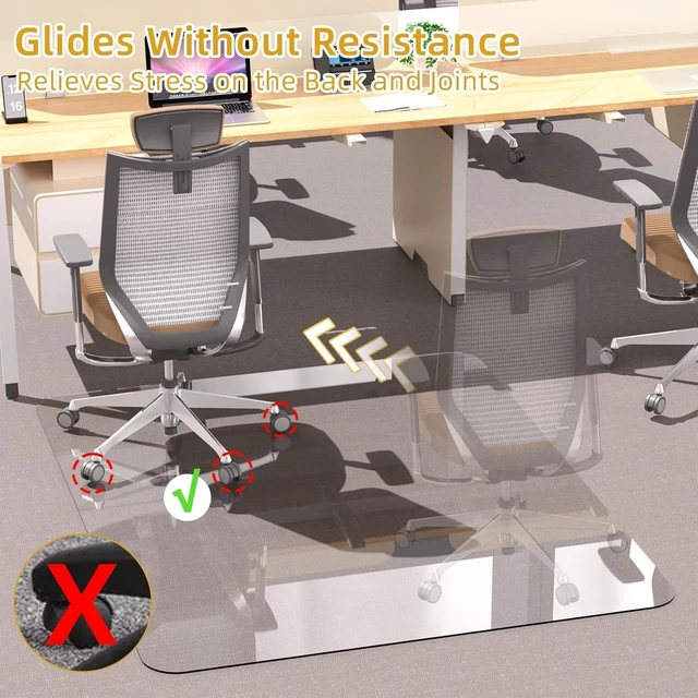 Alt view image 9 of 14 - Tempered Glass Chair Mat 48" x 32",1/5" Thick for Office Desk,Rolling Chair Mat for Carpet, Odorless, Easy to Clean with 4 Non-Slip Pads for Carpet & Hardwood Floors