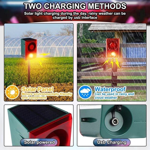 Alt view image 13 of 14 - 4 Pcs Solar Outdoor Motion Sensor Alarm with Stake Gunshot Sound Dog Barking, 3 Modes Support Recording and Adjustable Volume USB Charging 129 dB Loud Noise Maker for Animal Deterrent