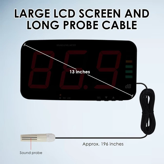 Alt view image 12 of 14 - Decibel Meter Sound Level Meter with Data Logging, 13" Large LCD Display Wall Mounted Noise Meter for Classroom w/ 16.4ft Corded Sensor & Alarm Output for Studio Decibel Noise Measuring and Recording
