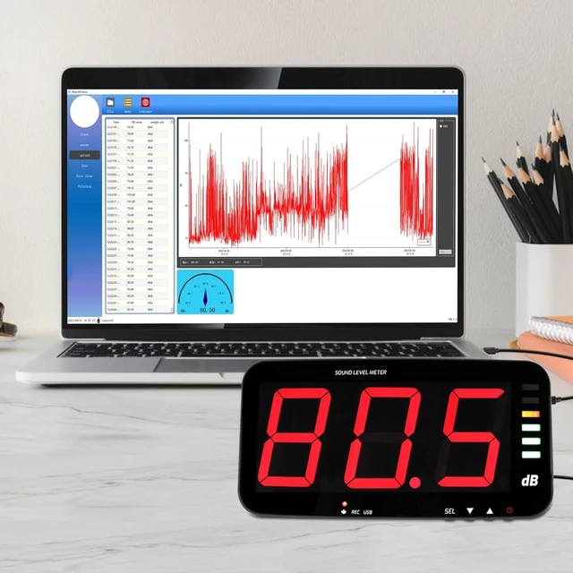 Alt view image 10 of 14 - Decibel Meter Sound Level Meter with Data Logging, 13" Large LCD Display Wall Mounted Noise Meter for Classroom w/ 16.4ft Corded Sensor & Alarm Output for Studio Decibel Noise Measuring and Recording