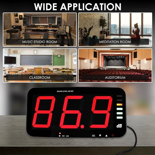 Alt view image 14 of 14 - Decibel Meter Sound Level Meter with Data Logging, 13" Large LCD Display Wall Mounted Noise Meter for Classroom w/ 16.4ft Corded Sensor & Alarm Output for Studio Decibel Noise Measuring and Recording