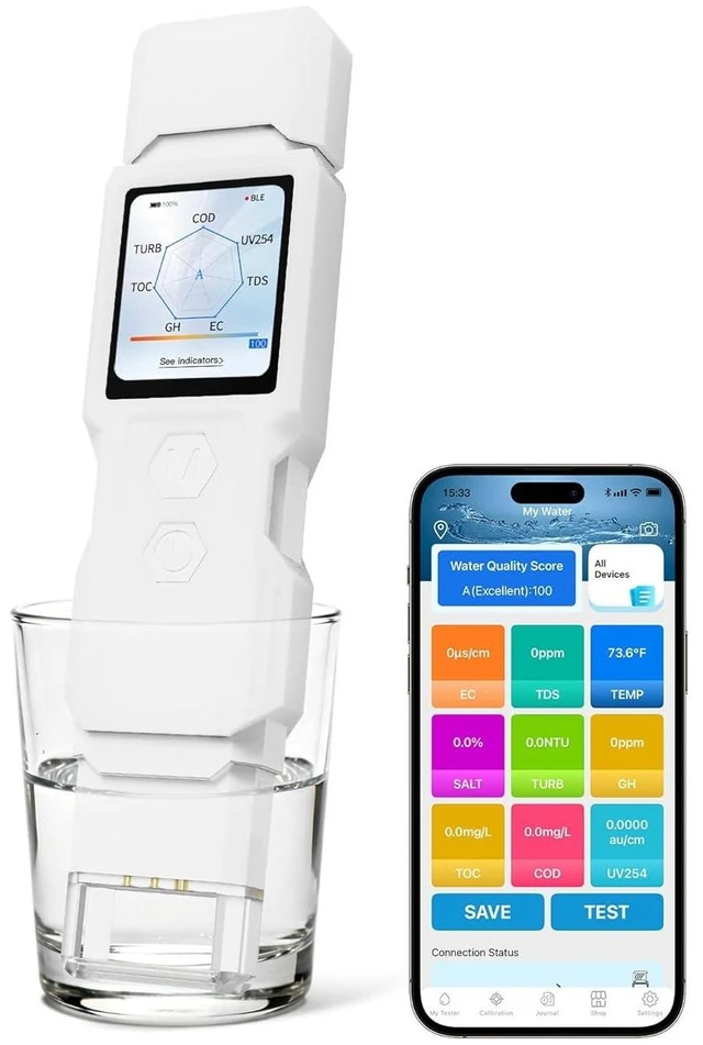 Main image of 9-in-1 Smart Water Tester with APP Monitoring, Digital Water Test Kit for Turbidity, TDS, EC, Temp, Salt, GH, TOC, COD & UV275, Professional Water Tester for Drinking Water, Well, Tap & Outdoor.