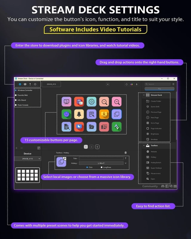 Alt view image 6 of 7 - Stream Controller Deck with 15 Macro Keys,Streaming Keyboard with Trigger Actions in OBS/Twitch/YouTube/Streamlabs/Discord/Zoom, Studio Controller Compatible with Mac/PC