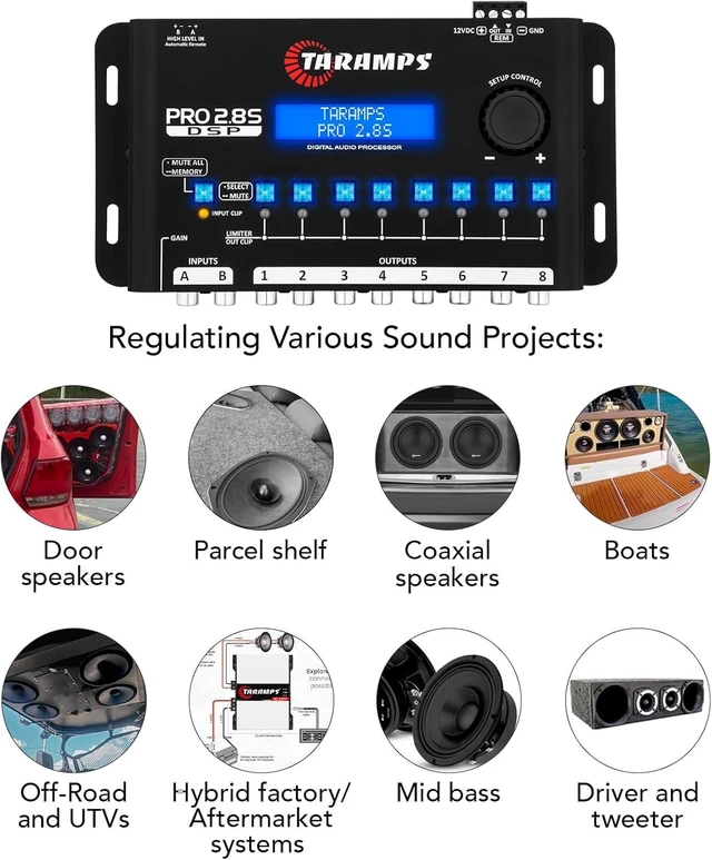 Alt view image 7 of 7 - Taramps Pro 2.8S Black DSP Crossover Full Digital Signal Audio Processor and Equalizer with sequencer 15-Band Graphic Equalization 12 preset EQ 2-Channel in and 8-Channel Out Car Audio, Sound Quality