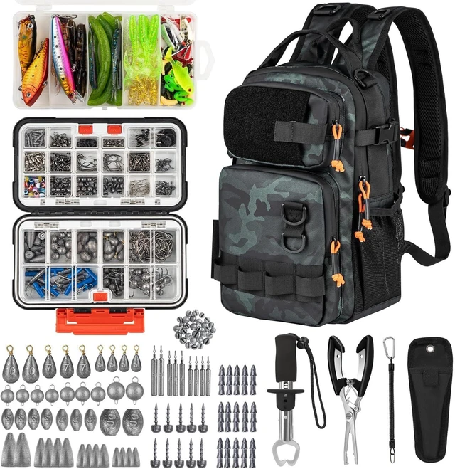 Main image of Fishing Tool Kit, Backpack and Tackle Box with Tackle Included Lures Hooks Sinkers Accessories Kit,Pliers, Fish Lip Gripper, Fishing Gear and Fishing Gift for Men