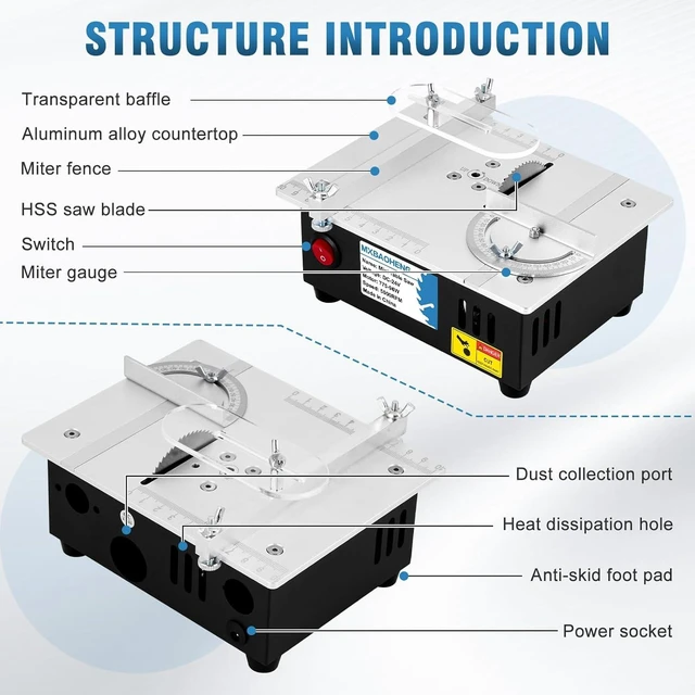 Alt view image 2 of 7 - Mini Table Saw S3 Portable Precision Craft Table Saw, 1/2" Adjustable Cut Depth, Seven Speed Adjustable Power Supply, for Small Hobby Woodworking Miniature Wood Craft Cutting