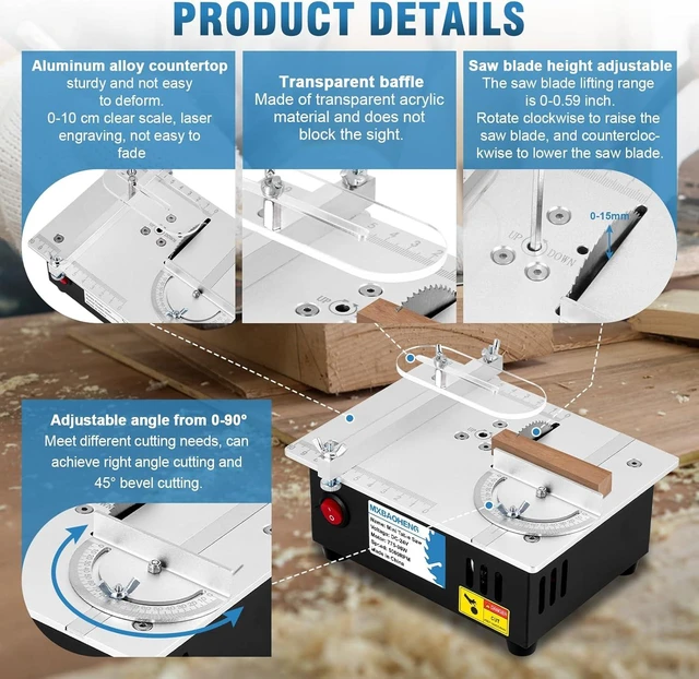 Alt view image 4 of 7 - Mini Table Saw S3 Portable Precision Craft Table Saw, 1/2" Adjustable Cut Depth, Seven Speed Adjustable Power Supply, for Small Hobby Woodworking Miniature Wood Craft Cutting