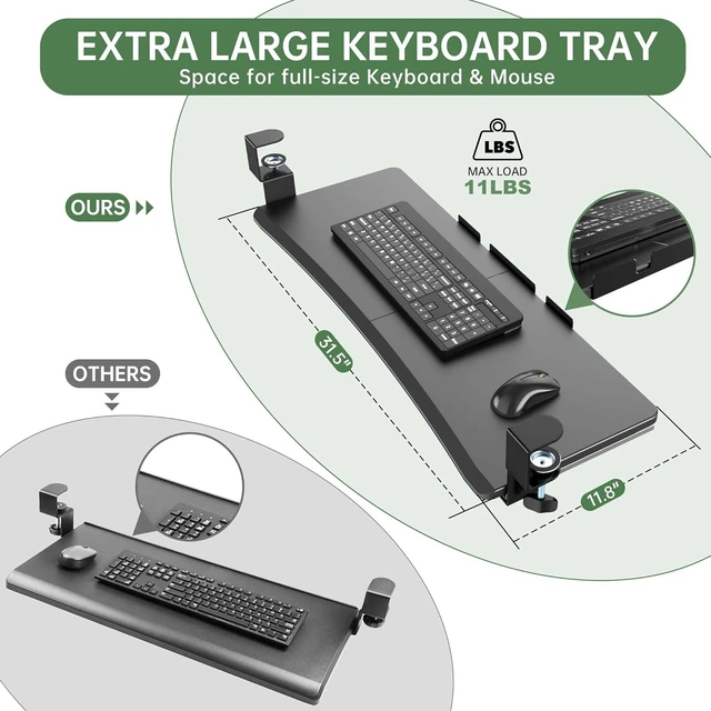 Alt view image 2 of 7 - Extra Large Keyboard Tray Under Desk - Slide Out with Sturdy C-Clip Mount System, 31.5" (35.8" Including Clamps) x 11.8" Put-Out Keyboard Tray Computer Drawer for Ergonomic Typing, Black