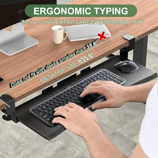 Alt view image 3 of 7 - Extra Large Keyboard Tray Under Desk - Slide Out with Sturdy C-Clip Mount System, 31.5" (35.8" Including Clamps) x 11.8" Put-Out Keyboard Tray Computer Drawer for Ergonomic Typing, Black