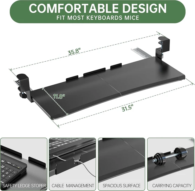 Alt view image 7 of 7 - Extra Large Keyboard Tray Under Desk - Slide Out with Sturdy C-Clip Mount System, 31.5" (35.8" Including Clamps) x 11.8" Put-Out Keyboard Tray Computer Drawer for Ergonomic Typing, Black