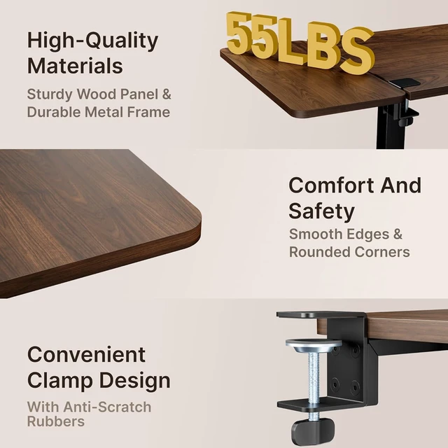 Alt view image 3 of 7 - Desk Extender Tray, 24" x 12" Clamp On Desk Shelf, Desk Extension with Storage Drawer, Table Desk Arm Rest, Clamp On Keyboard Tray for Office and Home, Workstation Organizer, Medium, Walnut