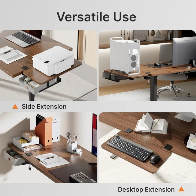 Alt view image 5 of 7 - Desk Extender Tray, 24" x 12" Clamp On Desk Shelf, Desk Extension with Storage Drawer, Table Desk Arm Rest, Clamp On Keyboard Tray for Office and Home, Workstation Organizer, Medium, Walnut