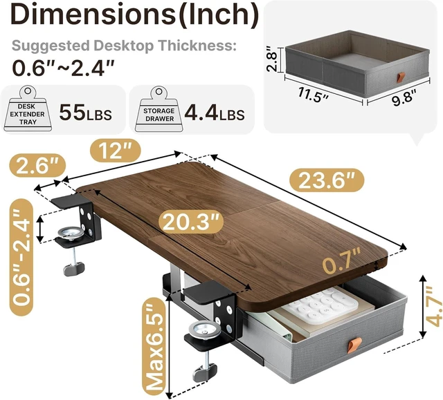 Alt view image 6 of 7 - Desk Extender Tray, 24" x 12" Clamp On Desk Shelf, Desk Extension with Storage Drawer, Table Desk Arm Rest, Clamp On Keyboard Tray for Office and Home, Workstation Organizer, Medium, Walnut