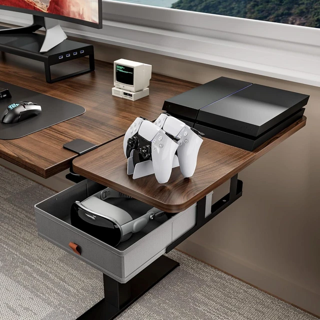 Alt view image 7 of 7 - Desk Extender Tray, 24" x 12" Clamp On Desk Shelf, Desk Extension with Storage Drawer, Table Desk Arm Rest, Clamp On Keyboard Tray for Office and Home, Workstation Organizer, Medium, Walnut
