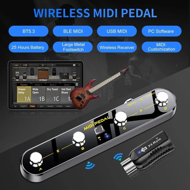 Alt view image 2 of 7 - Wireless MIDI Foot Controller Pedal with MIDI Receiver, Bluetooth & USB MIDI Footswitch Controller with Expression Pedal, 4 Programmable Footswitches, PC App Editing, for DAWs/Synths/Guitar Effects